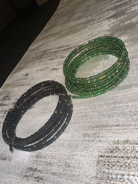 Beautiful Kenyan Green and Black Beaded Coil Bracelets - Stylish Stackable Set